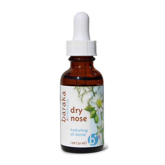 Bottle of Baraka dry nose oil blend with dropper on a white background