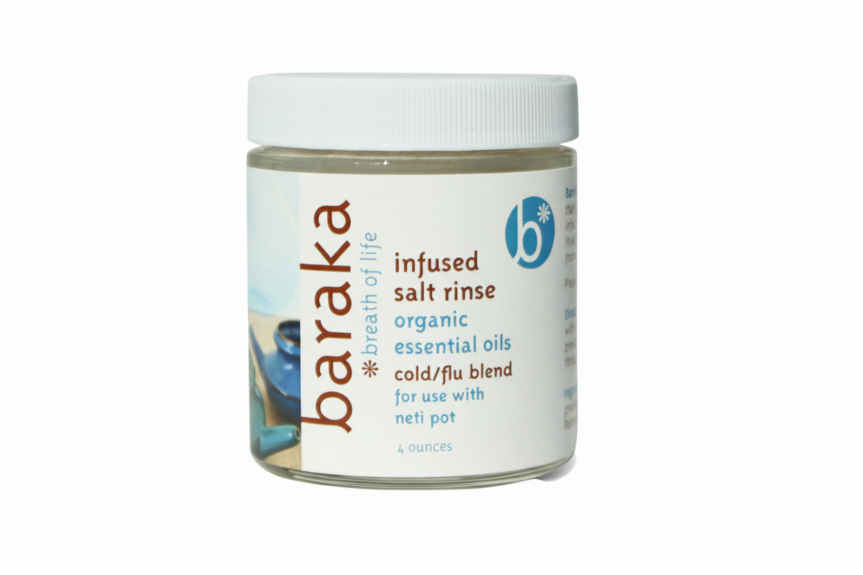 Glass jar with white plastic lid labeled Baraka Infused Salt Rinse 4 ounces on a white background