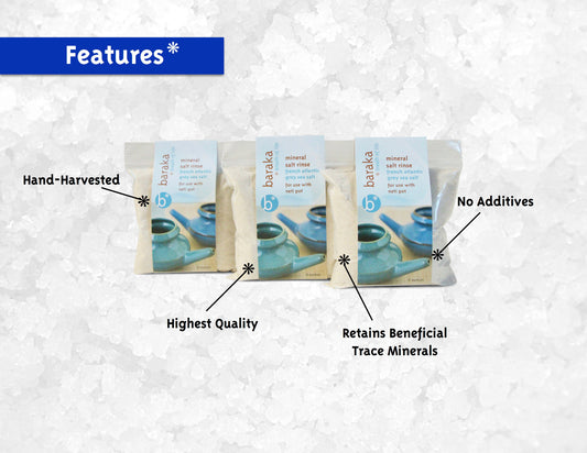 Baraka sea salt packaging with features highlighted on a textured white background