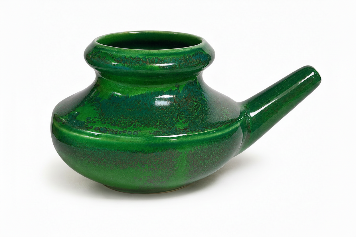Ceramic neti pot, Olive green with light green overtones on a white background