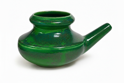 Ceramic neti pot, Olive green with light green overtones on a white background