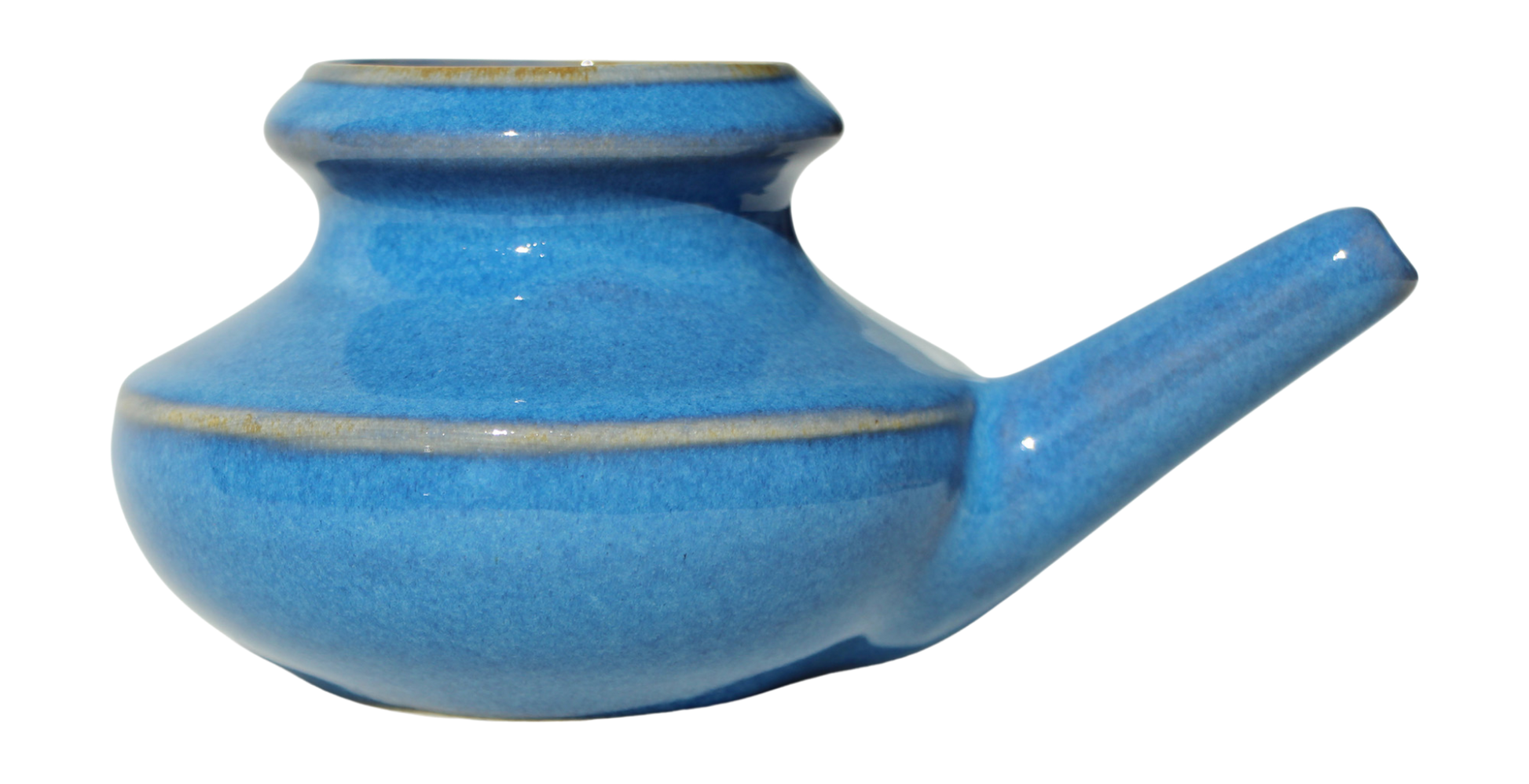 Blue ceramic neti pot on a white background