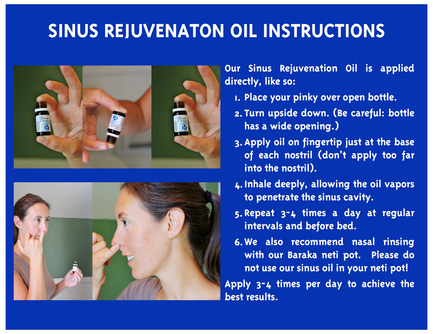 Instructions for using Sinus Rejuvenation Oil with images of application and a woman applying it.