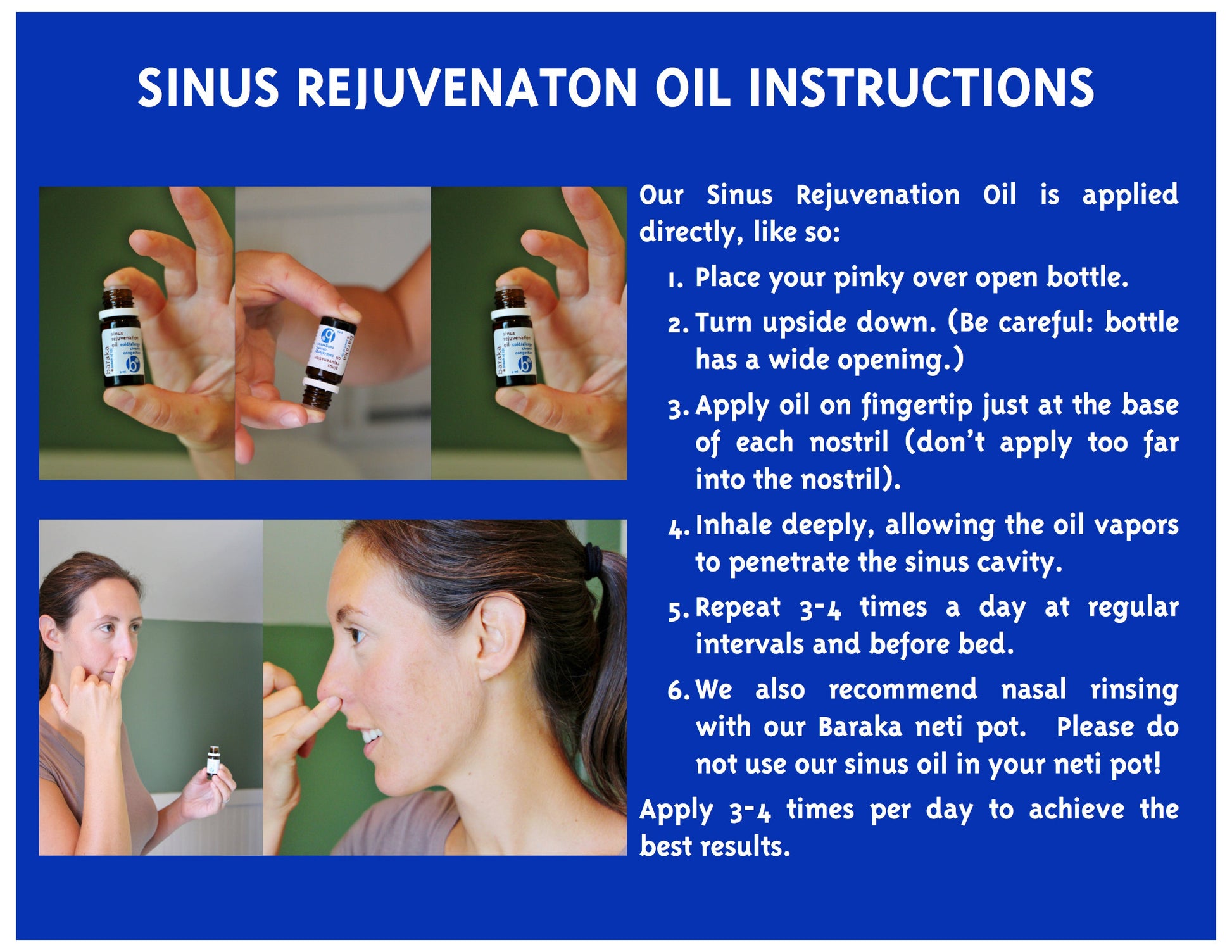 Instructions for using Sinus Rejuvenation Oil with images of application and a woman applying it.