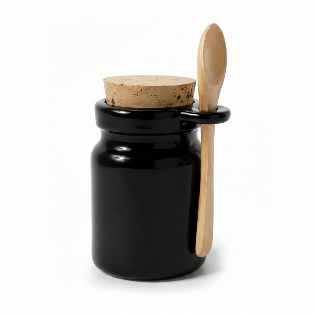 A glossy black ceramic jar with a cork lid and a light natural wood spoon holder and spoon, shown on a clean white background.
